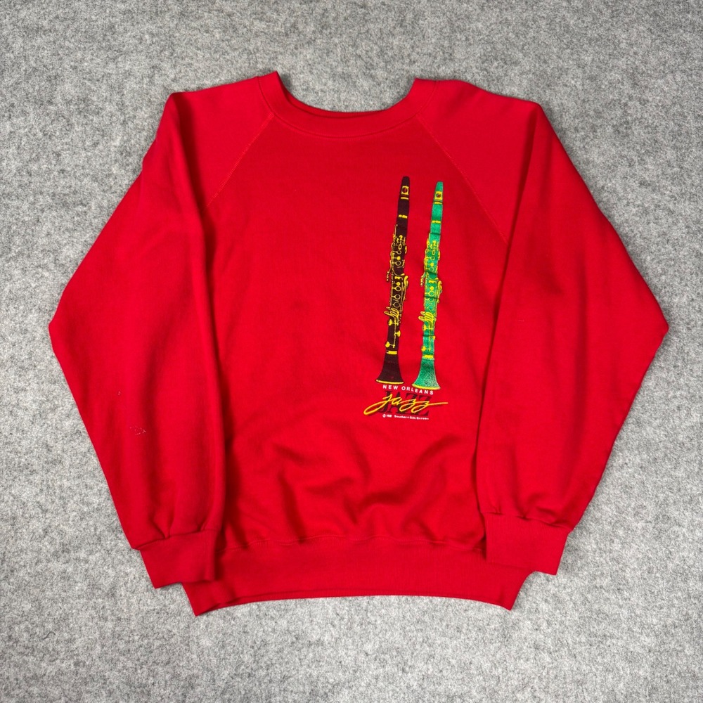 Vintage 80s Hanes New Orleans Jazz Sweatshirt Red Large Double Sided USA Made
